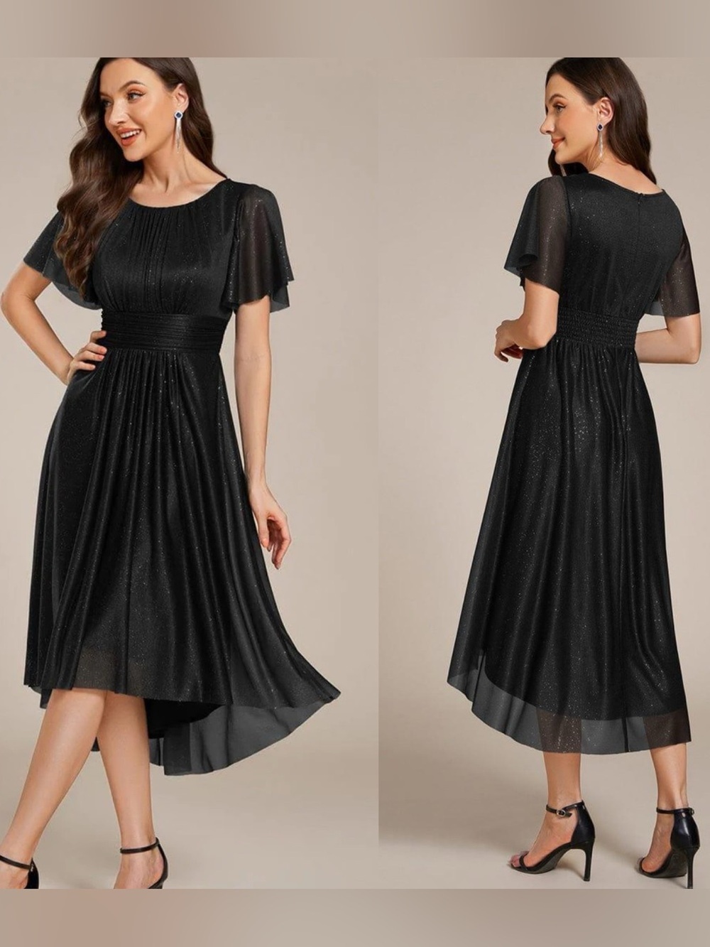 NWT Ever Pretty Glitter Short Sleeve Midi Wedding Guest Dress Small Galaxy Black